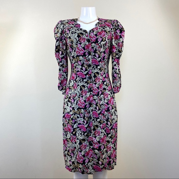 Vintage Dresses & Skirts - Vintage Floral Puff Sleeve Dress 1980s Size S